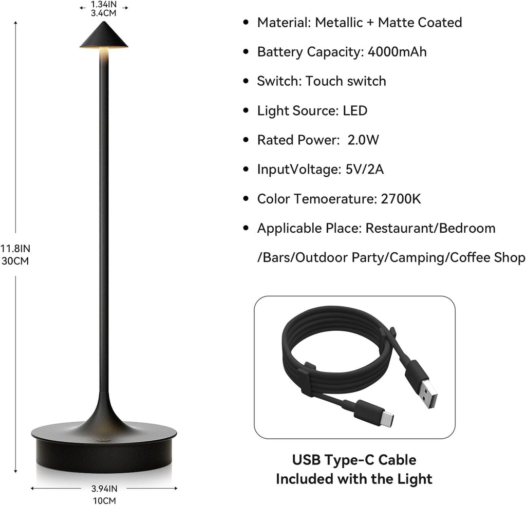 Small Cordless Table Lamp Rechargeable, Battery Operated Desk Lamp, 4000mAh LED Touch Lamp, Dimmable Portable Outdoor Waterproof Wireless Table Light for Restaurants/Bars/Outdoor(1PC, Black)