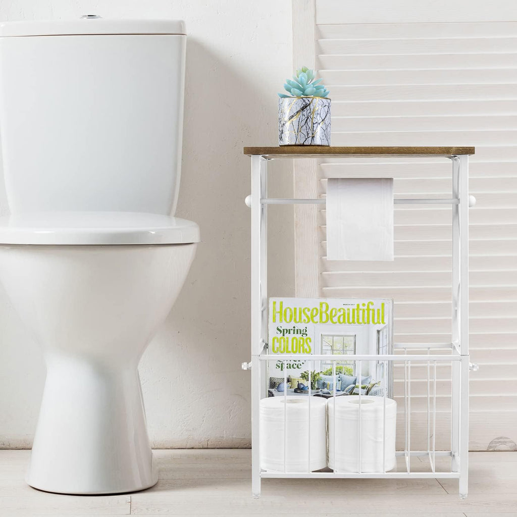 MyGift White Toilet Paper Holder Stand with Wood Shelf & Magazine Basket