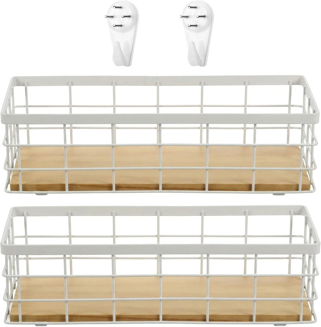 Set of 2 Small Wire Baskets, Narrow White Metal Storage Bins for Bathroom Counter & Kitchen, Farmhouse Rustic Organizer Trays for Pantry, Office, RV, Countertop Decoration (White)