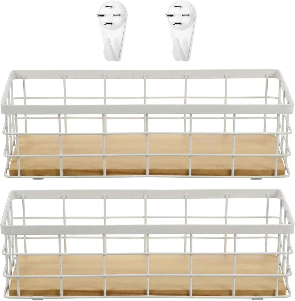 Set of 2 Small Wire Baskets, Narrow White Metal Storage Bins for Bathroom Counter & Kitchen, Farmhouse Rustic Organizer Trays for Pantry, Office, RV, Countertop Decoration (White)