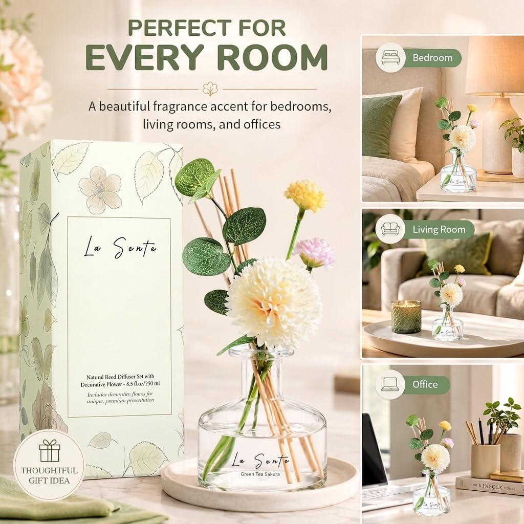 Green Tea Sakura Reed Diffuser Set, 8.5 fl oz/ 250ml, for Home