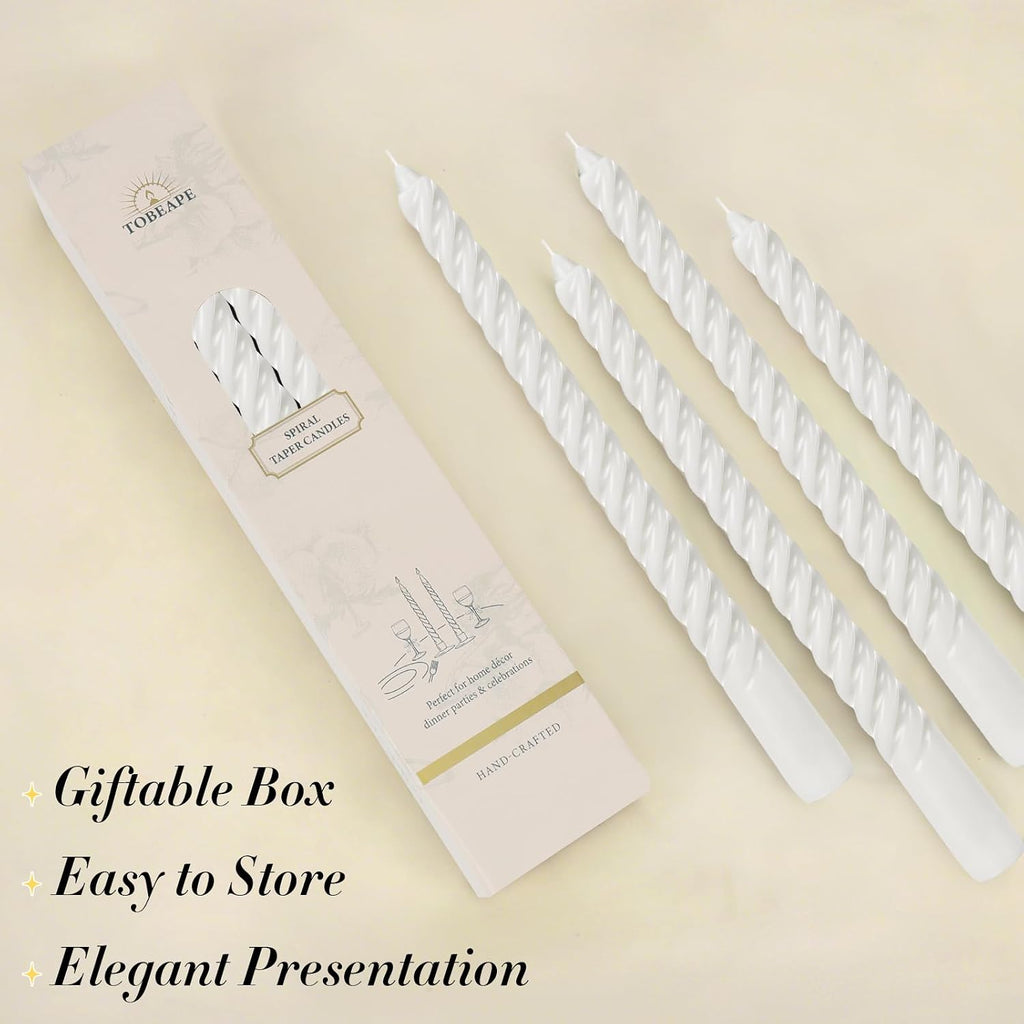 Tobeape 10" White Spiral Taper Candle Sticks 4 Pack, Unscented & Dripless