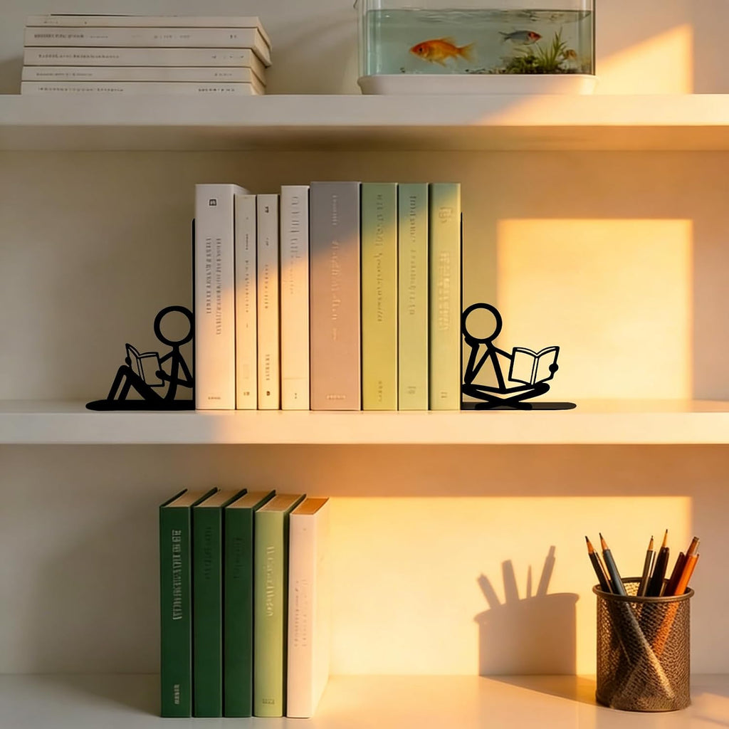 2 Pcs Metal Bookends and Heart Bookmark,Book Ends for Book Shelf,Two Reader