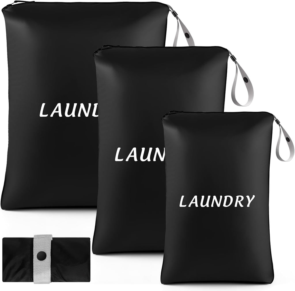 Dntorx 3 Pcs Travel Laundry Bags Dirty Clothes Travel Bag, Foldable Waterproof Laundry Bag with Sturdy Handle for Family Beach Gym Pool Yoga Workout College Dorm Swimsuit Diaper Storage, Black