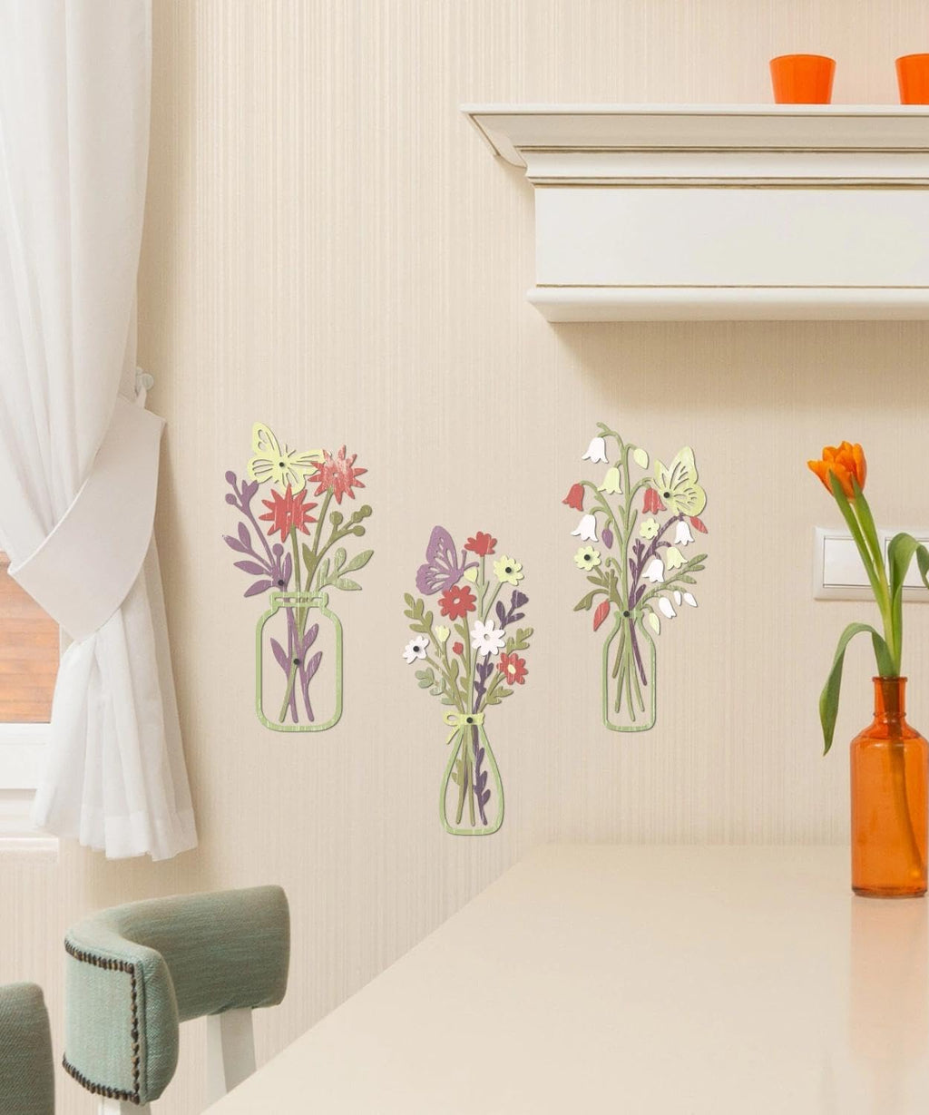 Putuo Decor Metal Flower Wall Decor, 3PCS Minimalist Floral Wall Art with Butterfly, Boho Spring Wall Sculptures for Living Room Bedroom Bathroom Kitchen, Modern Colorful Metal Flowers Decorations