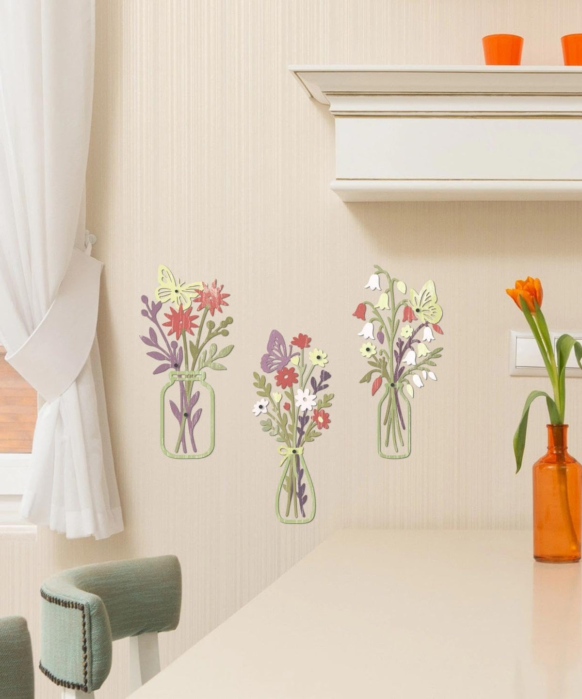 Putuo Decor Metal Flower Wall Decor, 3PCS Minimalist Floral Wall Art with Butterfly, Boho Spring Wall Sculptures for Living Room Bedroom Bathroom Kitchen, Modern Colorful Metal Flowers Decorations