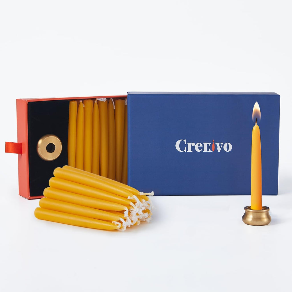 Crenovo 20 Minute Beeswax Meditation Candles with Brass Holder, 24 Pack