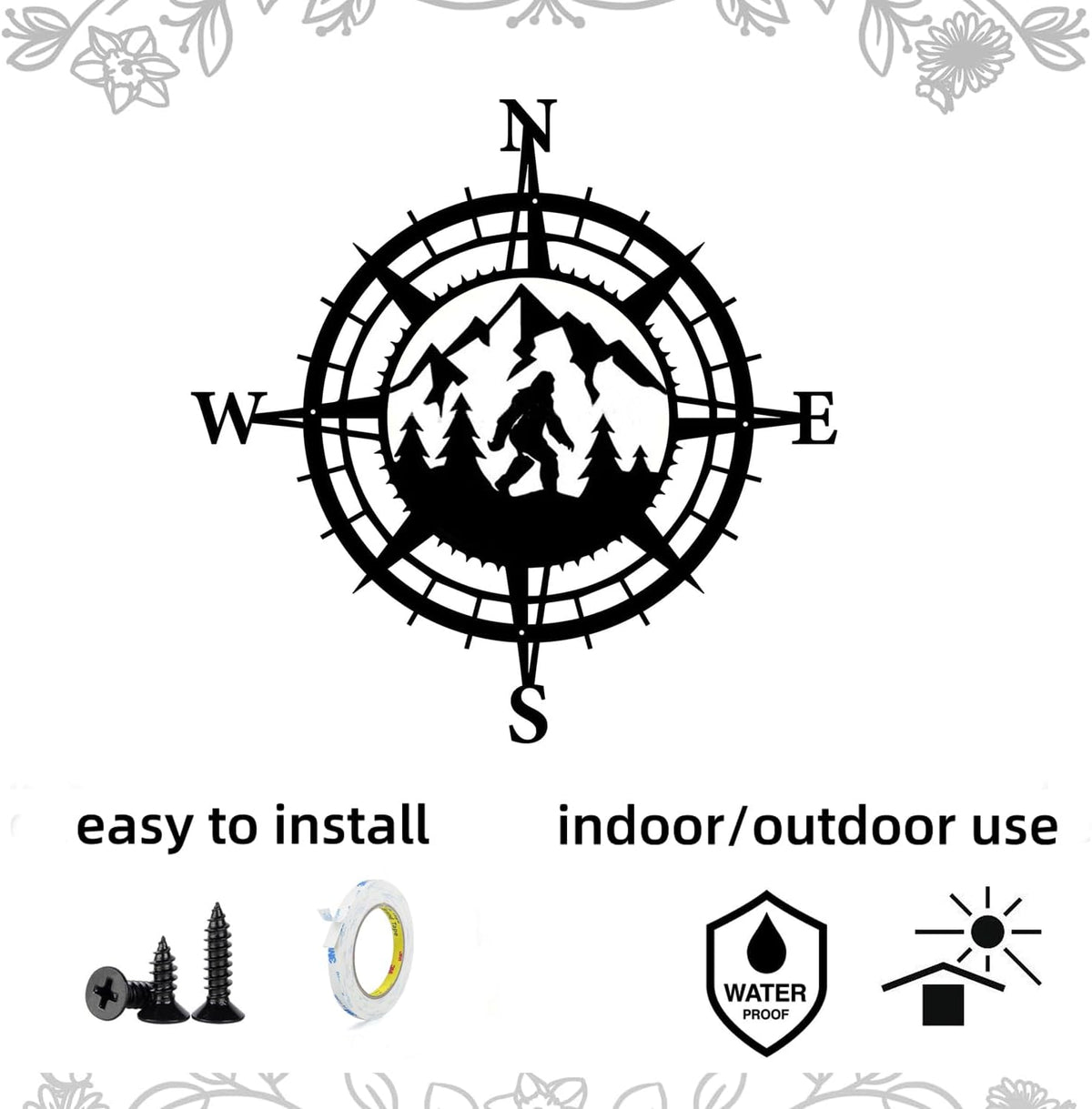 Gemseek Black Metal Bigfoot Wall Decor, Funny Compass Wall Art Sculpture