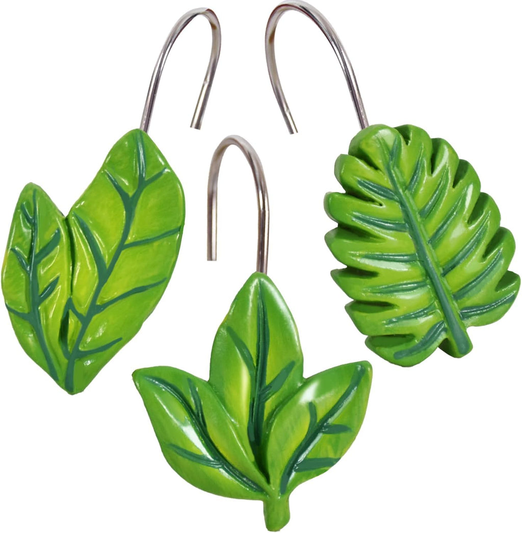 12-Piece Green Leaves Leaf Shower Curtain Hooks for Bathroom