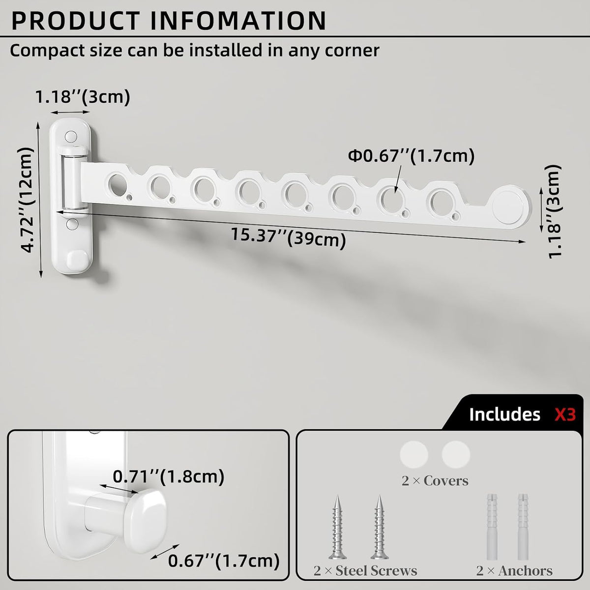 Wall Mounted Clothes Hanger Rack Foldable for Laundry Drying Rack White