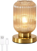 Rechargeable Amber Glass Table Lamp,Vintage Ribbed Bedside Lamp