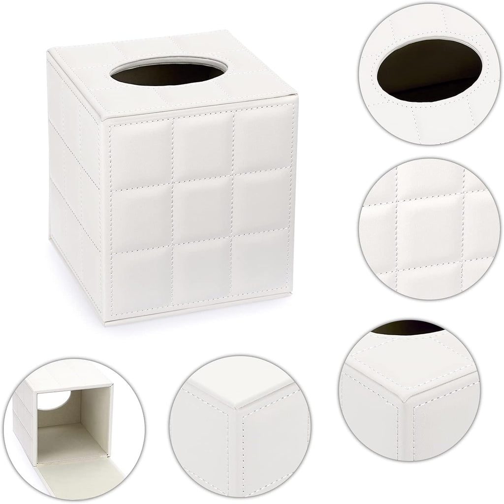 Sumnacon Square PU Leather Tissue Box Cover with Magnetic Bottom,Grid White