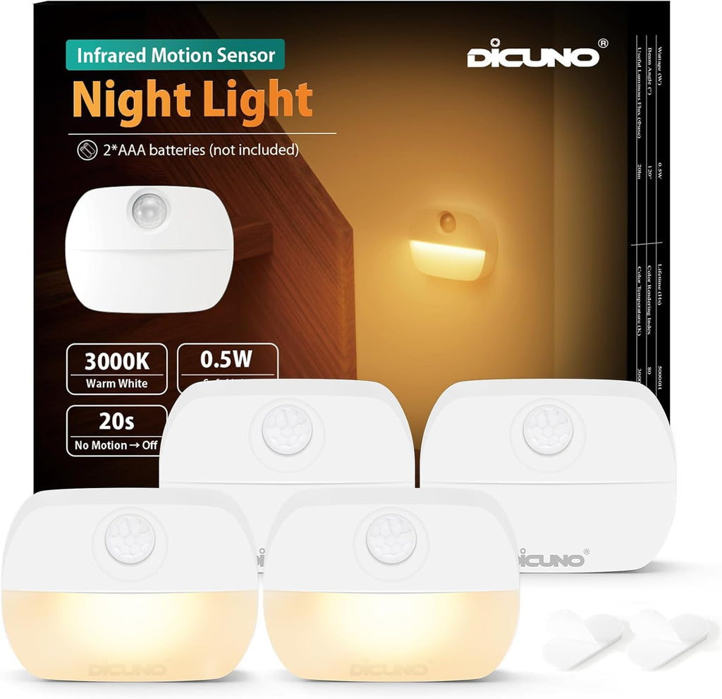 DiCUNO Motion Sensor Night Light, Stick-On, Battery Operated, 3000K, 4-Pack