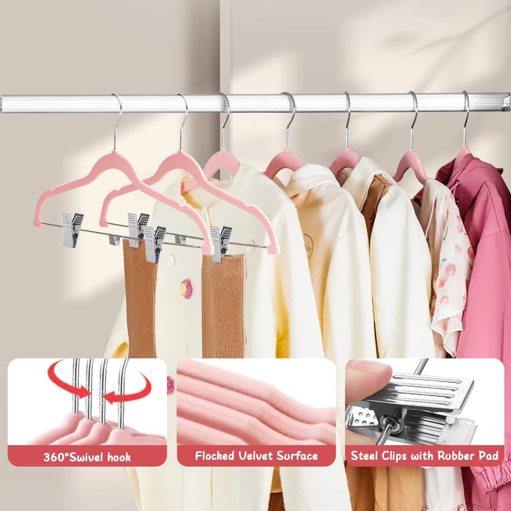 Stormix Baby Velvet Hangers with Clips Non-Slip Pink 14 Pack 11.8 inches