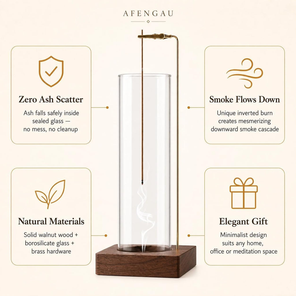 Wooden Aromatherapy Incense Holder – Upside Down Hanging Rack with 1L Ash Catcher for Home Office or Yoga Space Décor & Meditation (Glass Height 17cm)