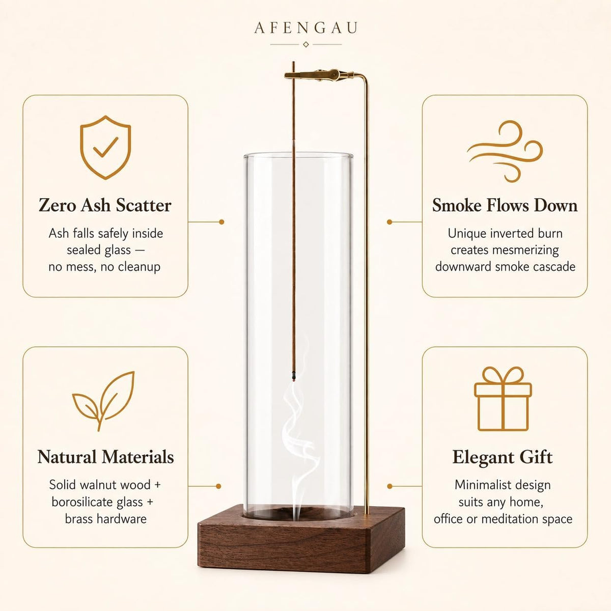 Wooden Aromatherapy Incense Holder – Upside Down Hanging Rack with 1L Ash Catcher for Home Office or Yoga Space Décor & Meditation (Glass Height 17cm)
