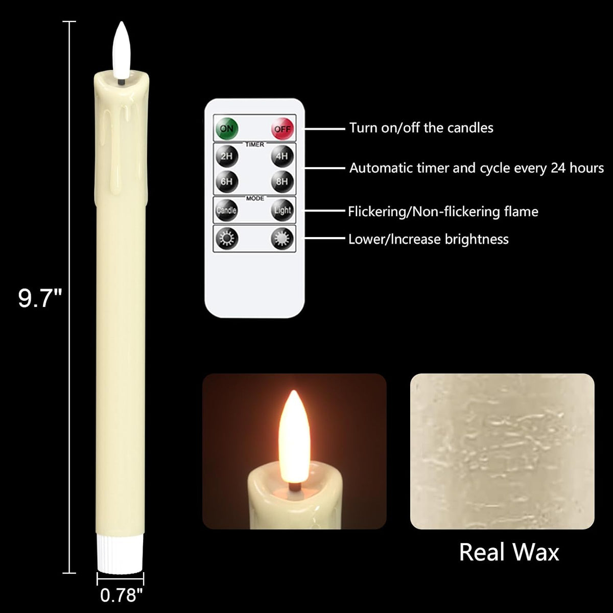 Rechargeable Flameless Taper Candles with Charging Base, Ivory