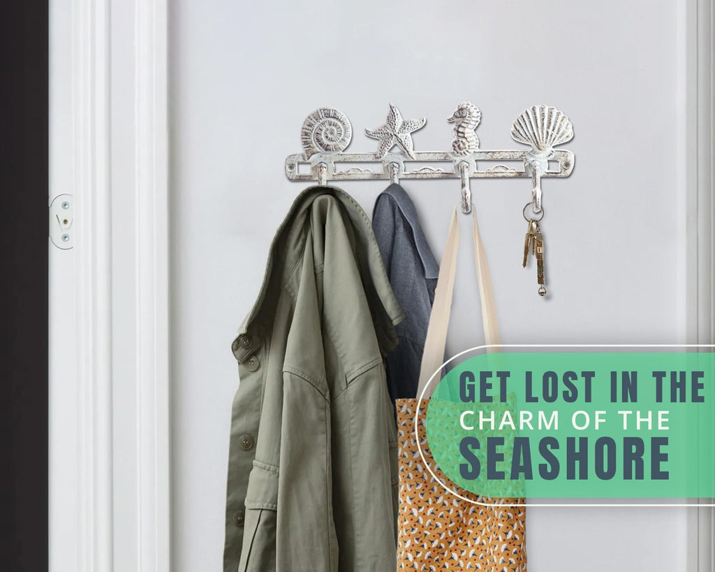 Comfify Antique White Seashell Cast Iron Wall Hook Rack – 4 Hooks, 13.5"
