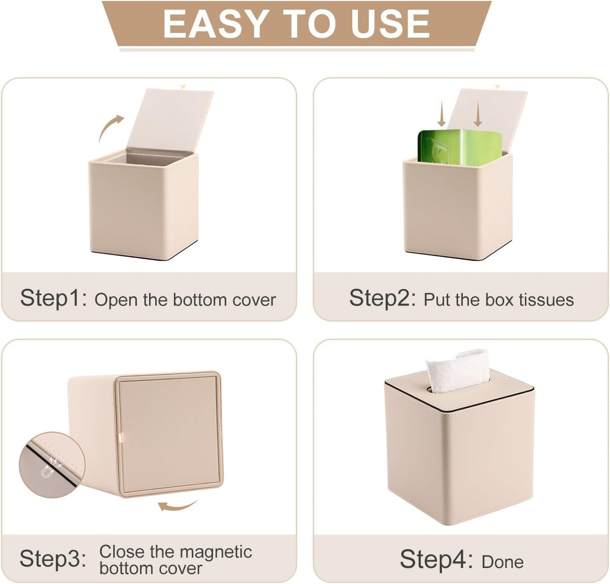 KINGFOM Leather Tissue Box Cover – Square Modern PU Leather Tissue Holder, Cube Tissue Dispenser for Home, Office, Bedroom, Bathroom – Elegant Minimalist Style (Beige-Square)