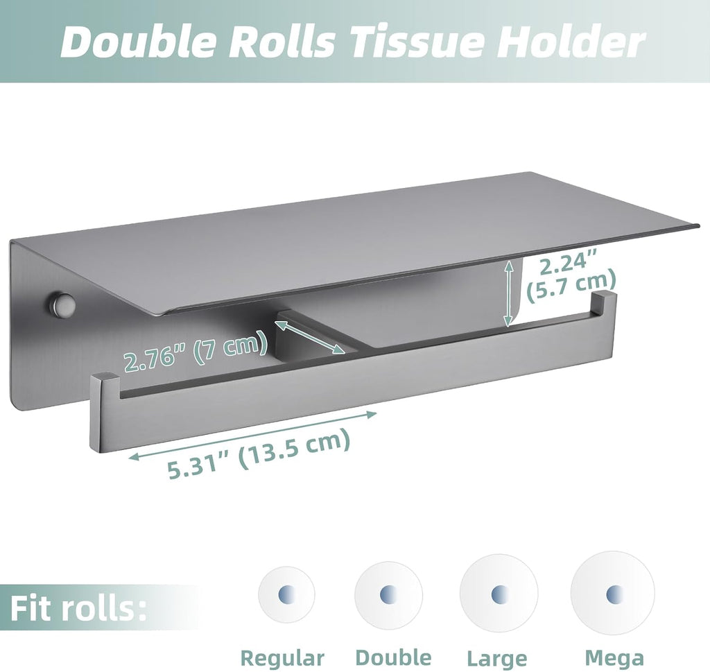 APLusee Double Toilet Paper Holder with Storage Phone Shelf, Gunmetal Gray