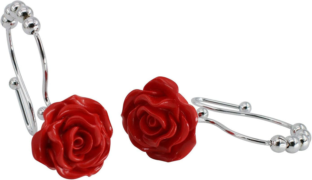 BEAVO 12 Pcs Double Shower Curtain Hooks with Glide Balls, Red Shower Hooks