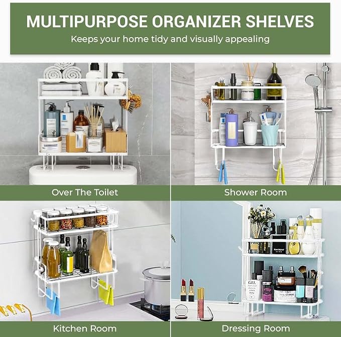 DINEST 2 Tier Over the Toilet Storage Shelf, Anti Resistant Bathroom Shelf Over Toilet Organizer, Multifunctional No Drilling Above Toilet Storage with Wall Mounting Design(White)