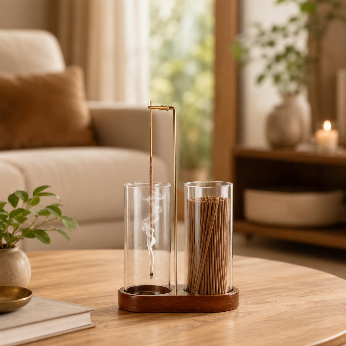 Incense Holder with 2 Tall Glass Bottle,Wooden Base Incense Stick Holder for Desktop,Incense Burner for Ash Collection,Ash Container for Meditation, Yoga, Spa, Home Decor