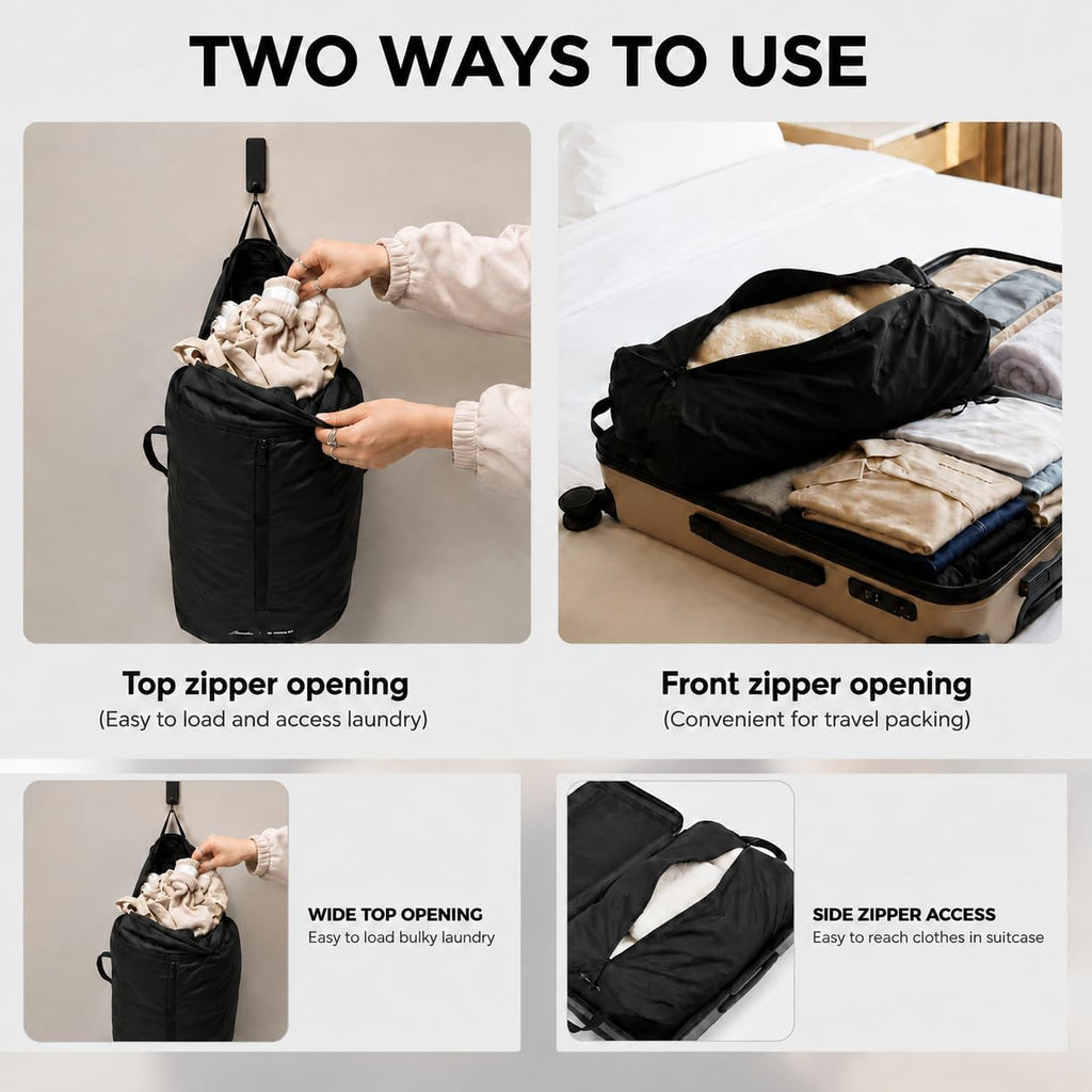 Travel Laundry Bag, 40L Foldable Dirty Clothes Bag with Two-Way Opening