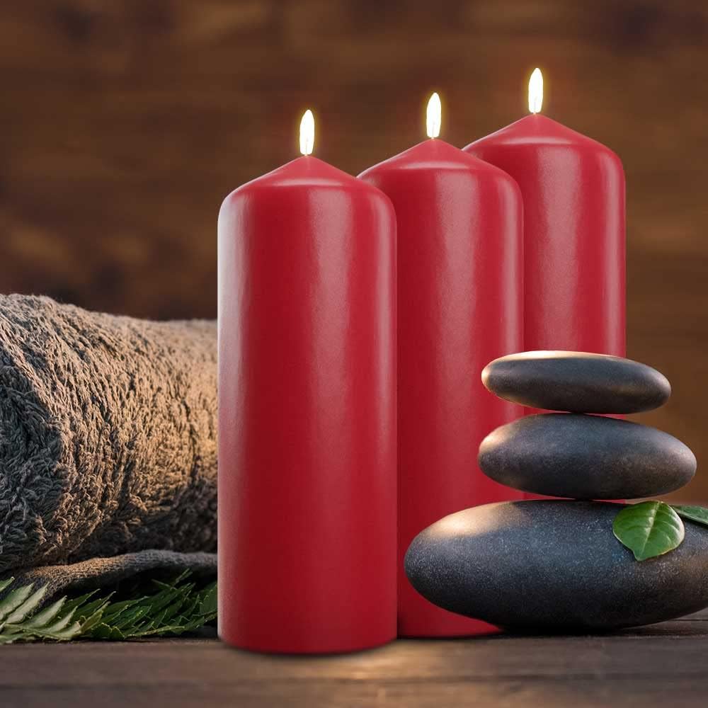 Cone Top Pillar Candles by Bask - Set of 6-3" x 6" Dripless Unscented Holiday Candles in Red for Home Decor, Relaxation & All Occasions