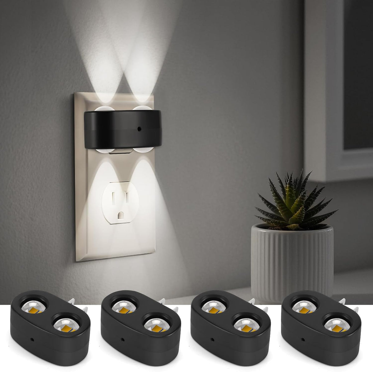 4 Pack LED Night Light Plug-in Wall, 100 Lumens 4000K Cool White, Auto On/Off Dusk to Dawn Sensor, Adjustable Swivel Head for Indoor – Ideal for Hallway, Stairs, Bedroom, Bathroom, Kitchen