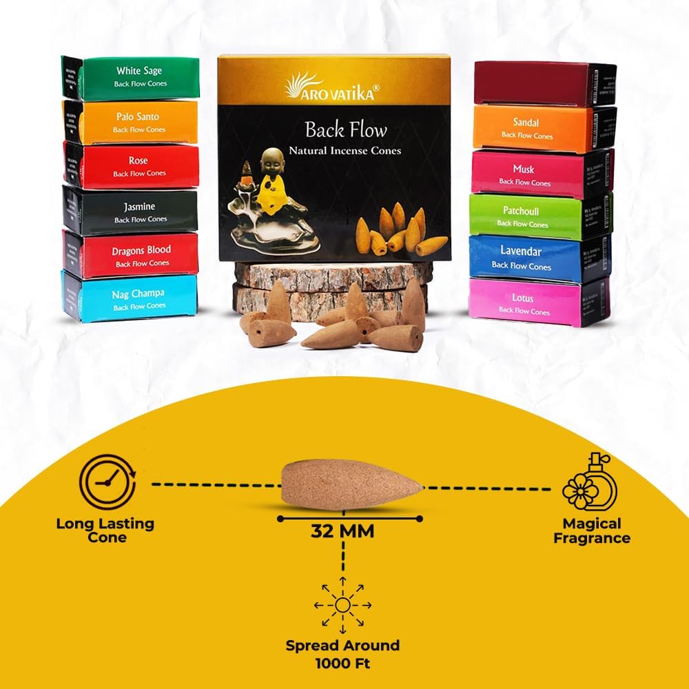 ARO VATIKA Backflow Natural Masala 120 Incense Cones | Pack of 11 Different Assorted Fragrances | for Home Fragrance & Prayers | Size 32mm | Burn Time- Approx 18 Minutes