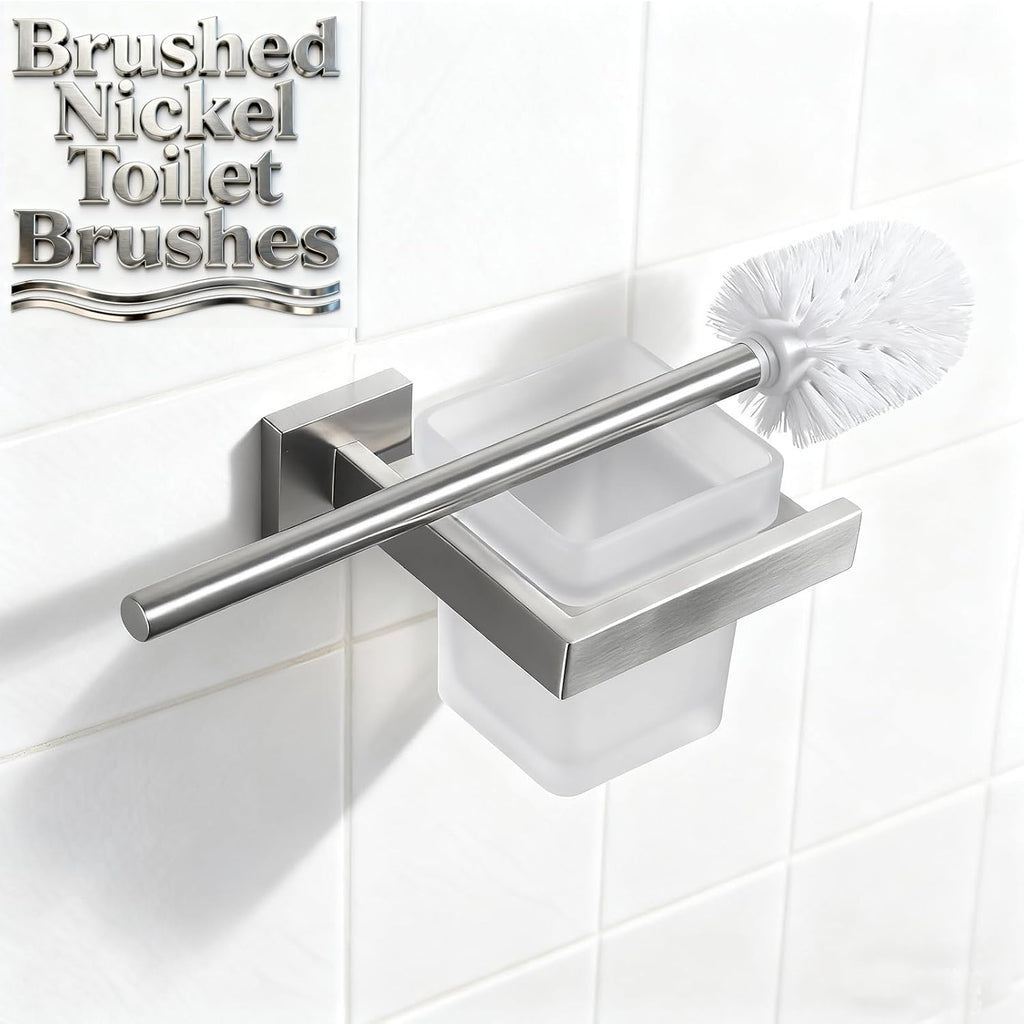 Toilet Brush and Holder Set, NEWRAIN 304 Stainless Steel Wall Mounted Toilet Brush with Long Brush Handle, Brushed Nickel Toilet Scrubber, Glass Canister