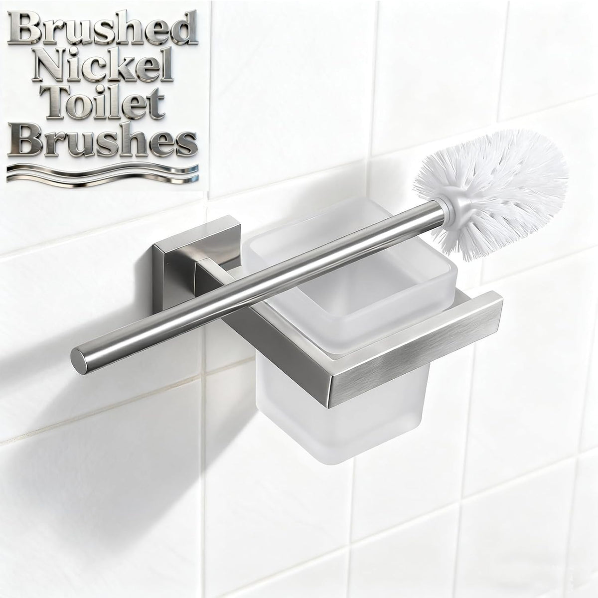 Toilet Brush and Holder Set, NEWRAIN 304 Stainless Steel Wall Mounted Toilet Brush with Long Brush Handle, Brushed Nickel Toilet Scrubber, Glass Canister