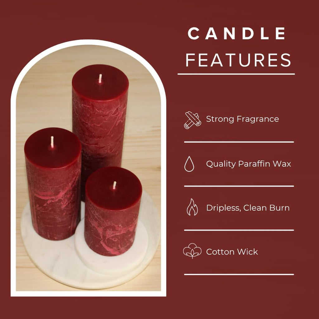 Burgundy Red 3x6 Scented Pillar Candles, Cinnamon Clove, 3Pack, Fall Decor