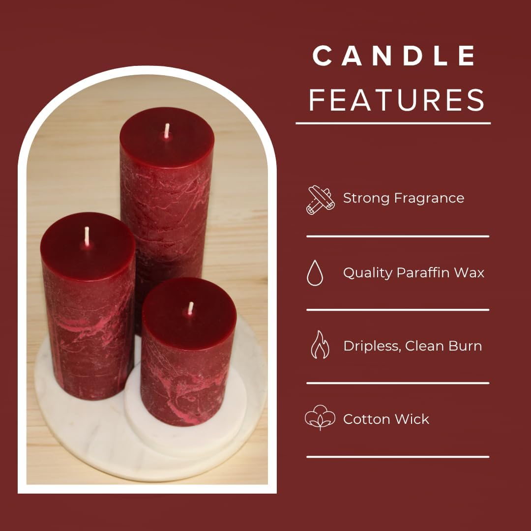 Burgundy Red 3x6 Scented Pillar Candles, Cinnamon Clove, 3Pack, Fall Decor