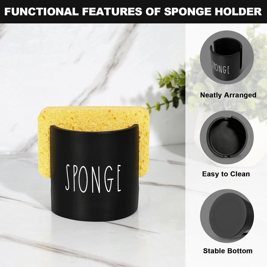 Hand and Dish Soap Dispenser Set, Kitchen Soap Dispenser Set with Sponge Holder, Black Glass Dish Soap Dispenser for Kitchen with Gold Pump, Instant Dry Tray, 17 fl oz Farmhouse Kitchen Decor