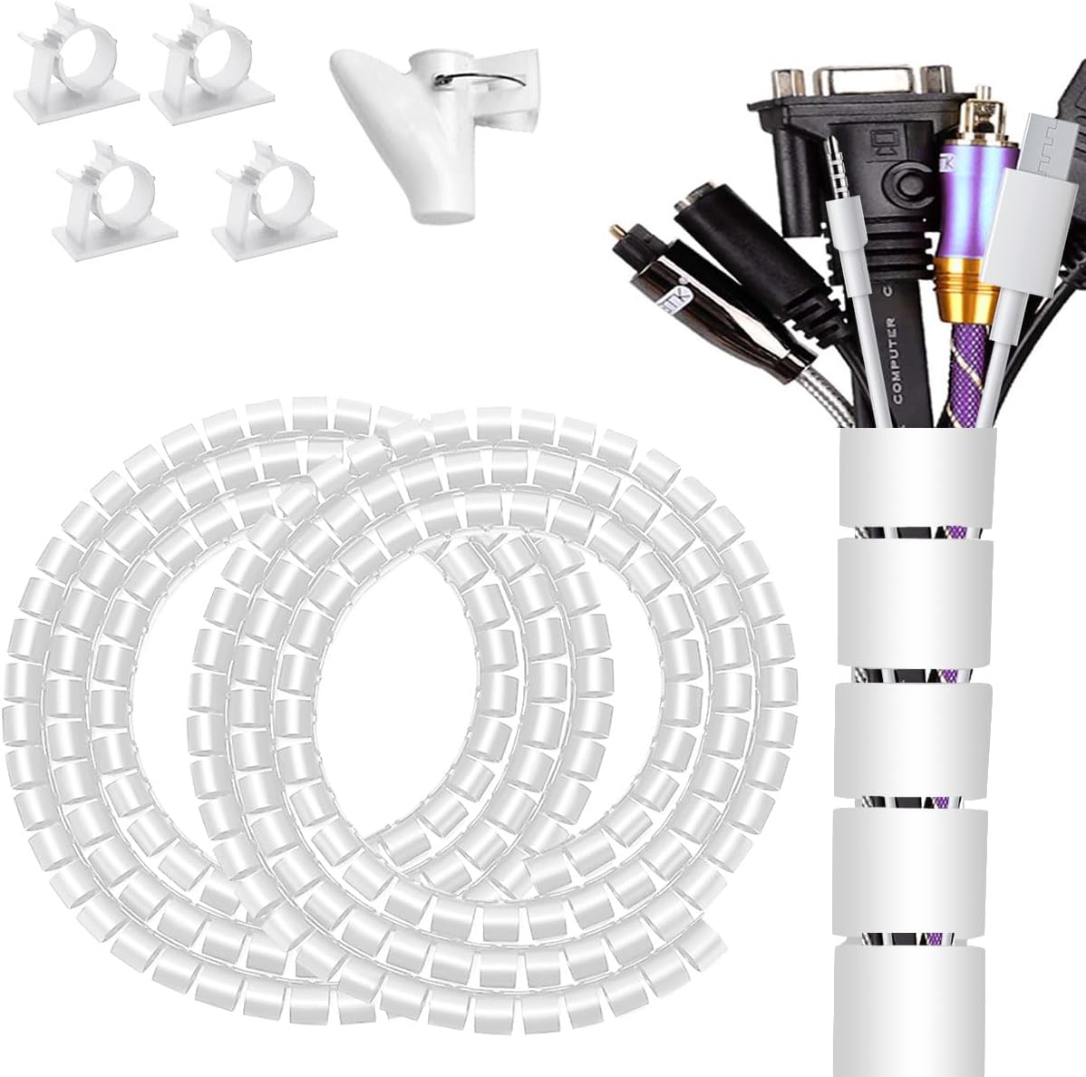 Large Cable Management White Computer Wire Sleeve Organizer Coiled Under Desk Tubes 2 PCS, 1.1 inch -5 ft EZ Spiral Cable Bundler Cover for TV Office, Pet Chew and Bite Proof Cable Protector