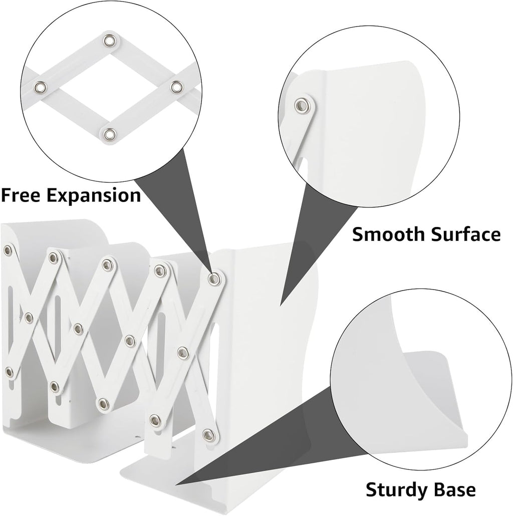 SHUESS 2 Pack Adjustable Bookends, Expandable Metal Book Holder With 2 Dividers, White Stoppers for Heavy Duty Books, Desk Ends for Shelves, Office & School