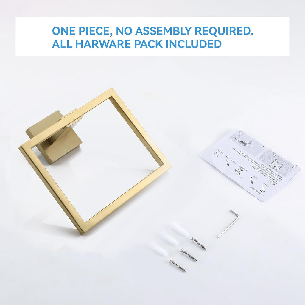 LANC Hand Towel Rings for Bathroom Wall Mount Brushed Gold Square Hand Towel Holder for Bath Kitchen Lavatory SUS304 Stainless Steel Contemporary Style Shower Towel Towel Racks Hanger, A8896BG