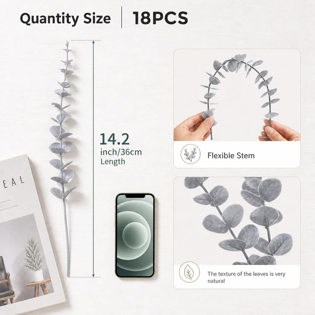 18 Pcs Artificial Eucalyptus Stems Frosted Silver Leaves Fake Greenery Branches Faux Flowers Bouquet for Home Decor Wedding Centerpiece Table Decoration