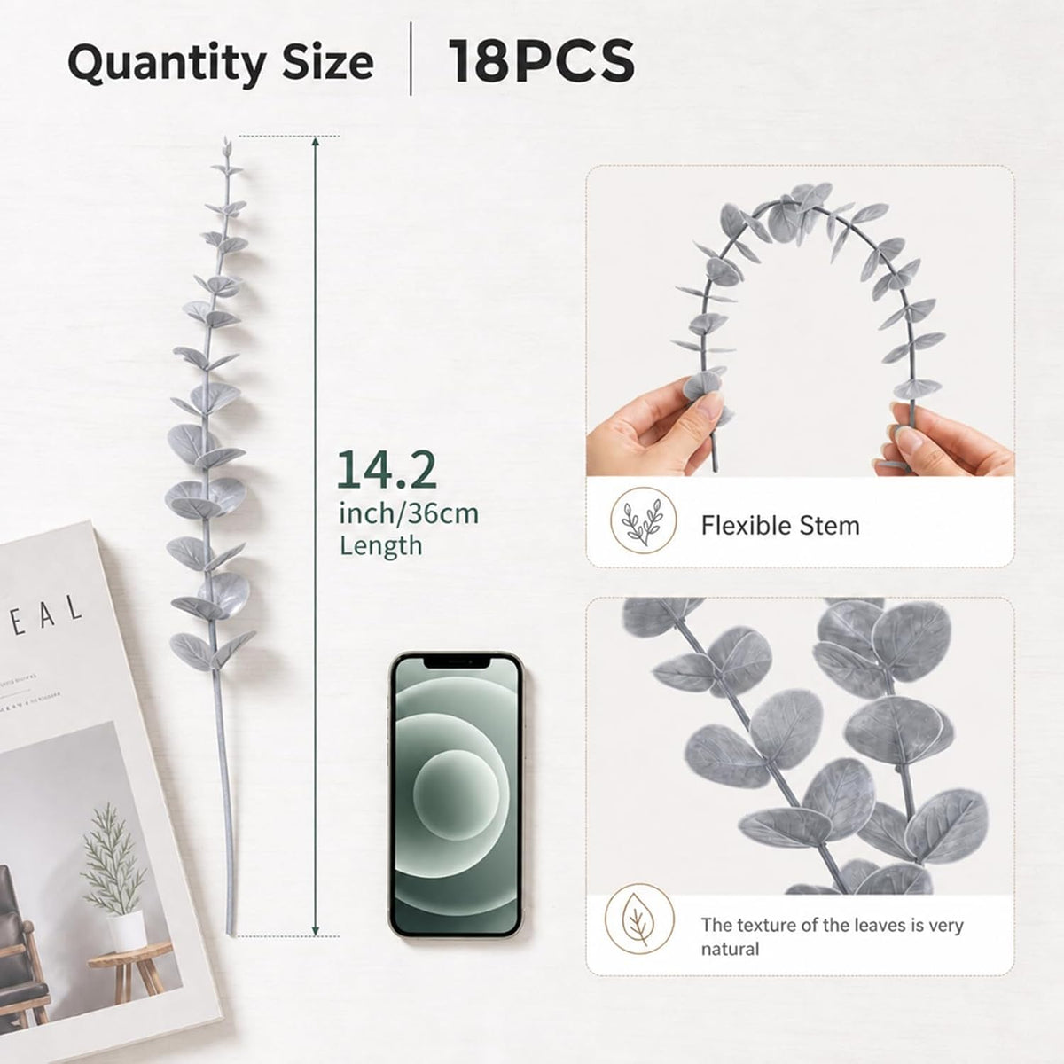 18 Pcs Artificial Eucalyptus Stems Frosted Silver Leaves Fake Greenery Branches Faux Flowers Bouquet for Home Decor Wedding Centerpiece Table Decoration