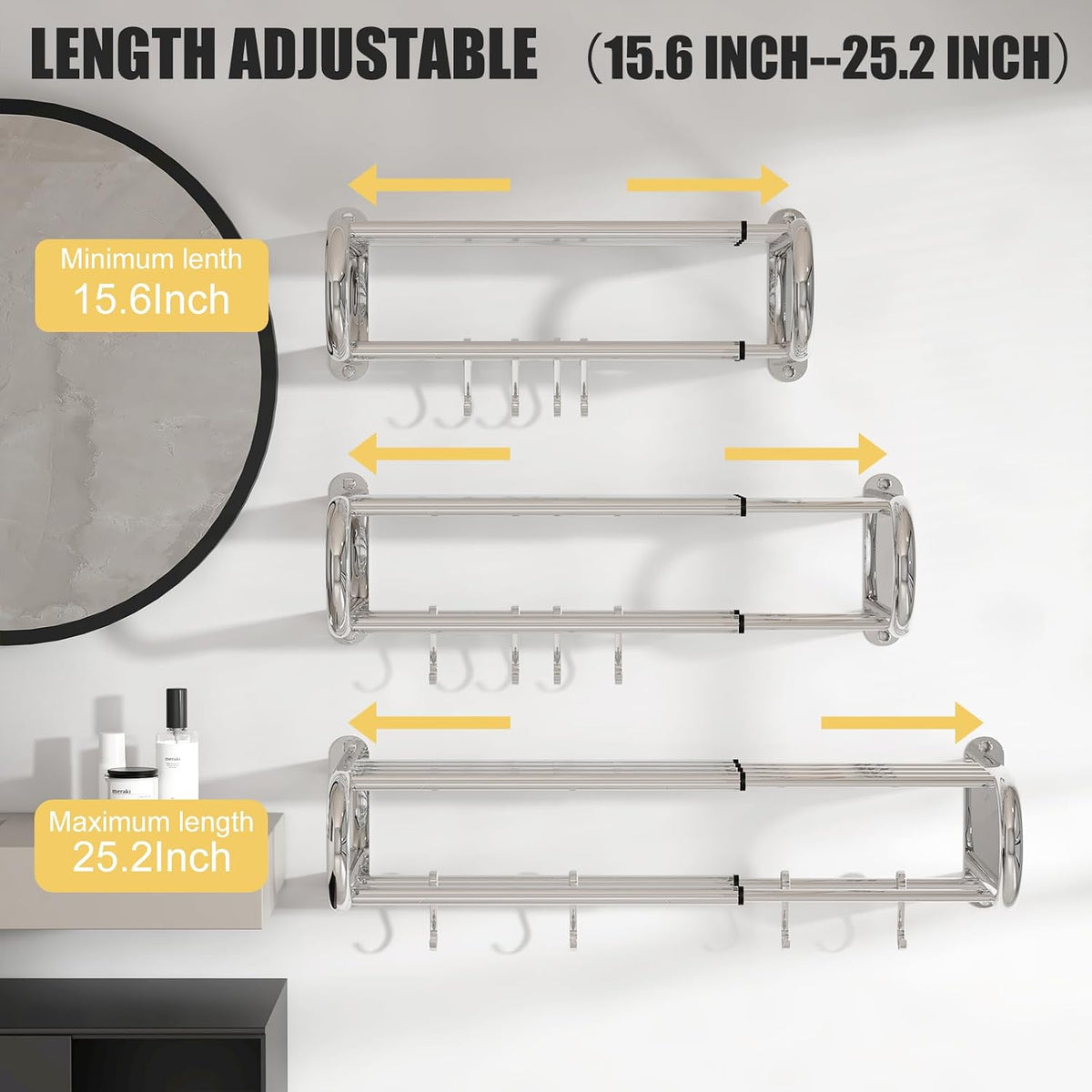 BESy Adjustable Bathroom Towel Rack with Shelf, Towel Bar, Chrome