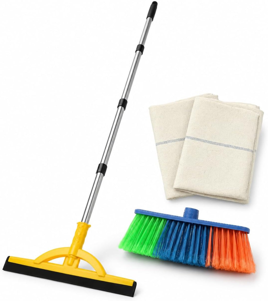 2-in-1 Floor Squeegee & Broom Kit with Telescopic Handle, 17.5 Inch Heavy Duty Water Squeegee for Tile, Concrete, Marble, Garage & Shower, Includes 2 Cotton Cloths