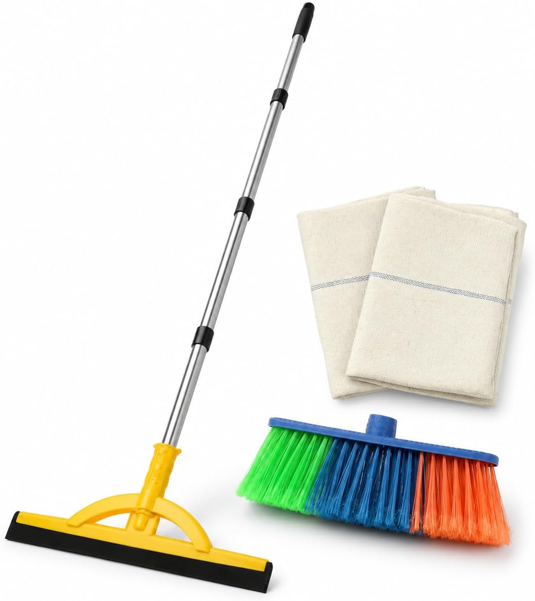2-in-1 Floor Squeegee & Broom Kit with Telescopic Handle, 17.5 Inch Heavy Duty Water Squeegee for Tile, Concrete, Marble, Garage & Shower, Includes 2 Cotton Cloths