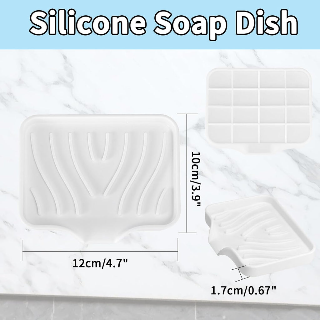 2 Pack Silicone Soap Dish with Drain, Self Draining Bar Soap Holder for Shower, Silicone Dish Soap Tray, Bathroom and Kitchen Sink Organizer, White