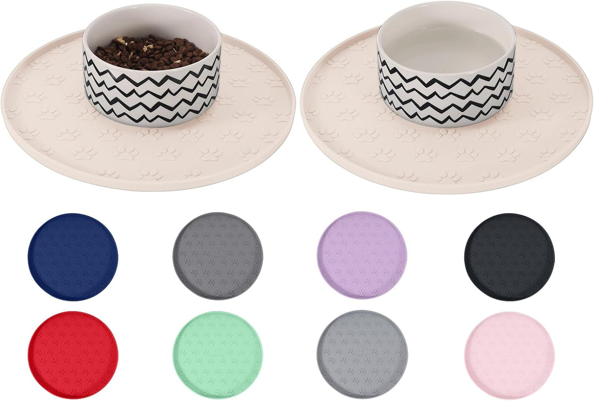 Comtim Waterproof Dog Food Mat - 2 Pack Silicone Pet Food Mat Dog Food Bowl Mats Cat Water Mats Eating Tray, Non-Slip Pet Placemat with Lip for Messy Drinkers to Protect Floor, Beige 11"×11"