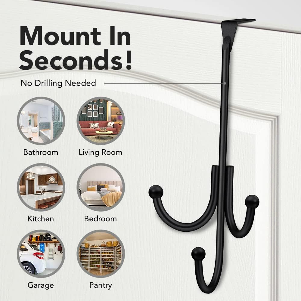 2-Pack Over The Door Hook - with 3 Hang Heads & Snug Fit Pads- 2Pcs Heavy Duty Hooks for Hanging Coats, Towels, Caps & Robes - Elegant Matt Finish - No Drill Hanger Organizer - Black