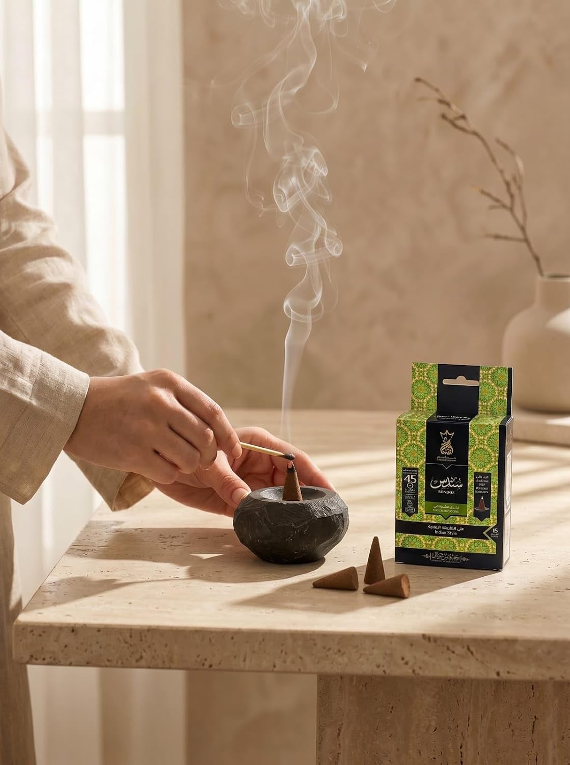 Ansaam Incense Cones *SONDOS* - 15 CT with A Ceramic Dish and Unique Crown Container. A DISCTINCTIVE Eastern Style Blend of Orange, Vanilla, Rose, Sandalwood, Musk & Patchouli.