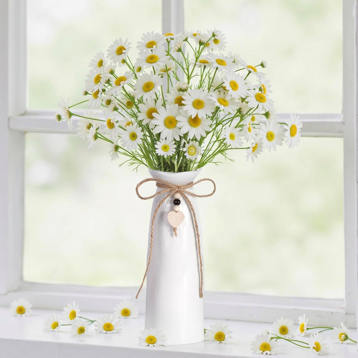 8 Inch Ceramic Vase with Jute Rope & Heart Charm, Elegant White Decorative Vase for Home Décor & Table Centerpieces