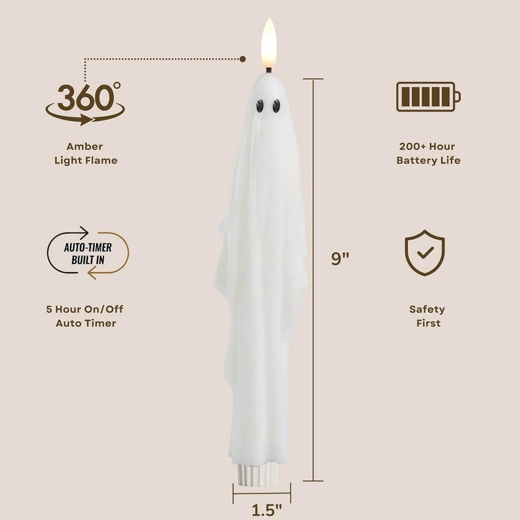 LumiPur Signature Collection Natural Glow Flickering Flameless LED Wax Taper Candle 1" x 9" (Ghosts - White, 2-Pack)